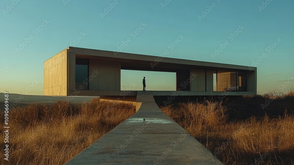Aufkleber modern minimalist architecture in serene landscape with a person standing in front of a unique build