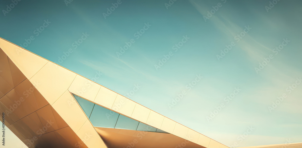 Poster modern architecture with sharp angles and striking geometric shapes under a clear blue sky, showcasi