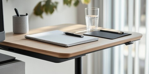 Simple and compact remote work desk with a notepad, pen, and a glass of water, minimalist focus,