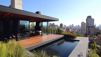 Fototapeta premium Modern Rooftop Terrace with Stunning City Views Featuring Swimming Pool and Lush Green Landscaping in a Vibrant Urban Environment