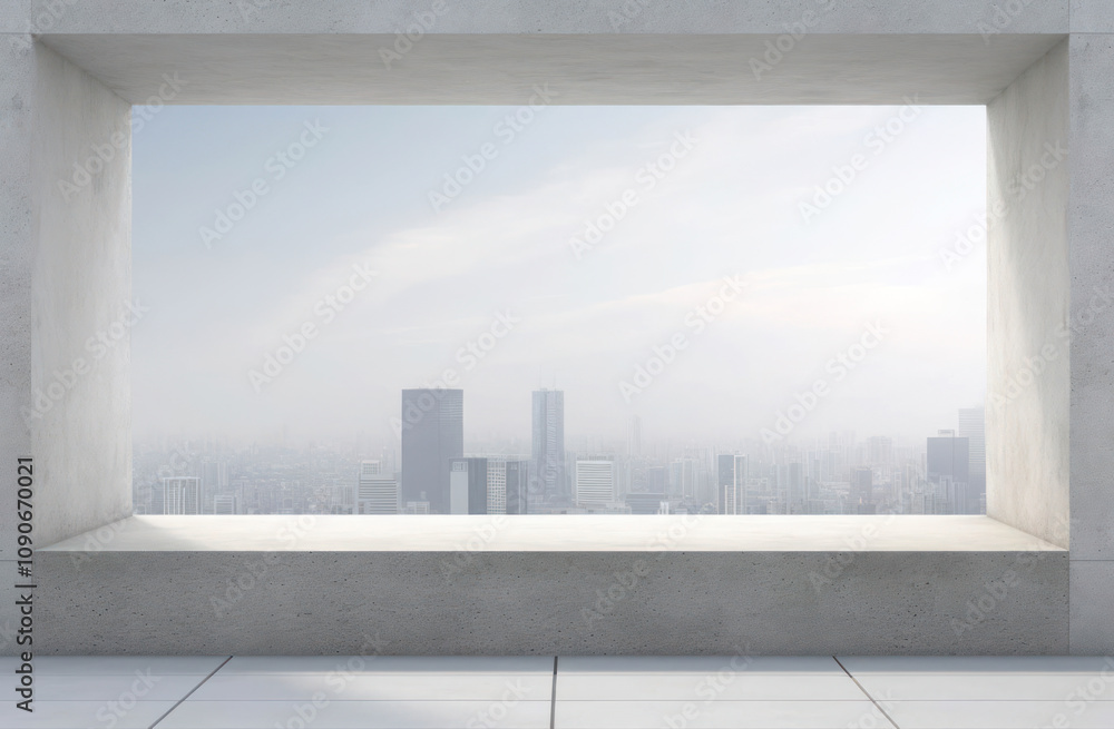 Poster minimalist urban view through a large window frame showcasing a hazy skyline with modern buildings a