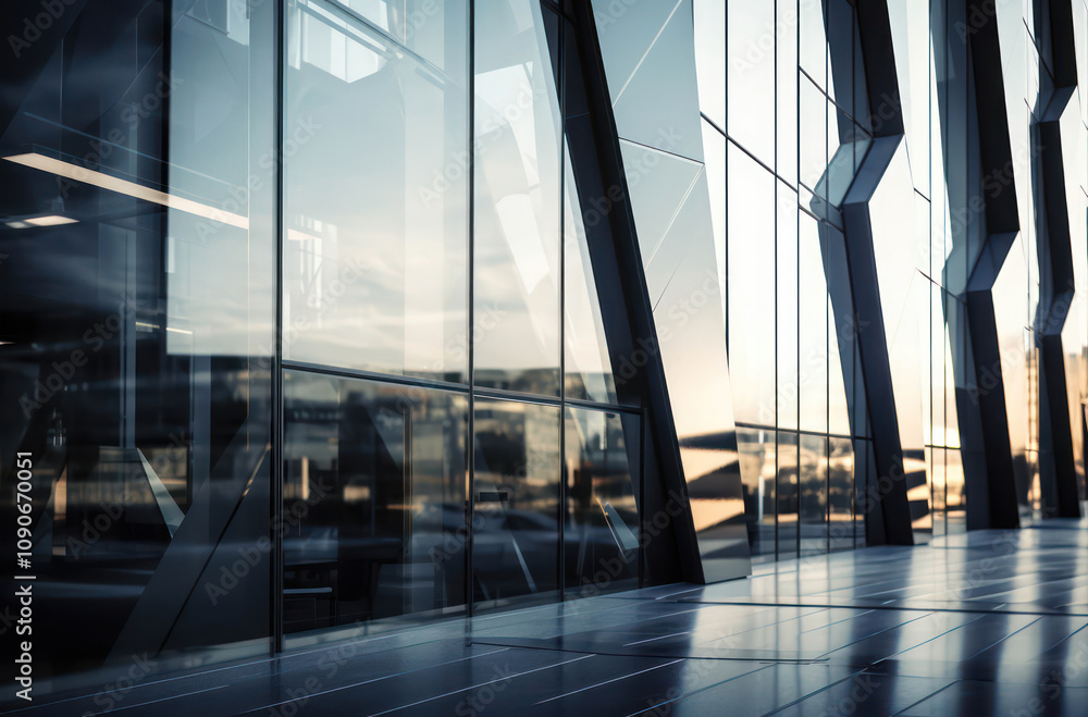 Poster modern architectural design featuring sleek glass facade with reflective surfaces and unique angular