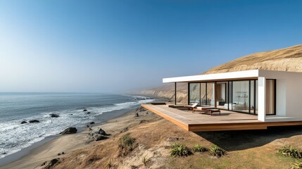 Fototapeta premium Modern Beach House Overlooking the Ocean with Expansive Deck and Scenic Coastal Views Perfect for Vacation and Relaxation in Nature