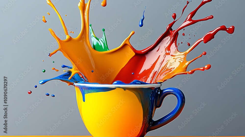 Aufkleber cup of paint is splattered with different colors, creating a vibrant and dynamic scene. the colors s
