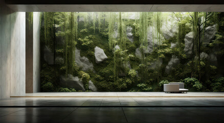 Fototapeta premium Serene Indoor Space with Lush Vertical Garden and Minimalist Couch Surrounded by Natural Elements in Modern Architecture