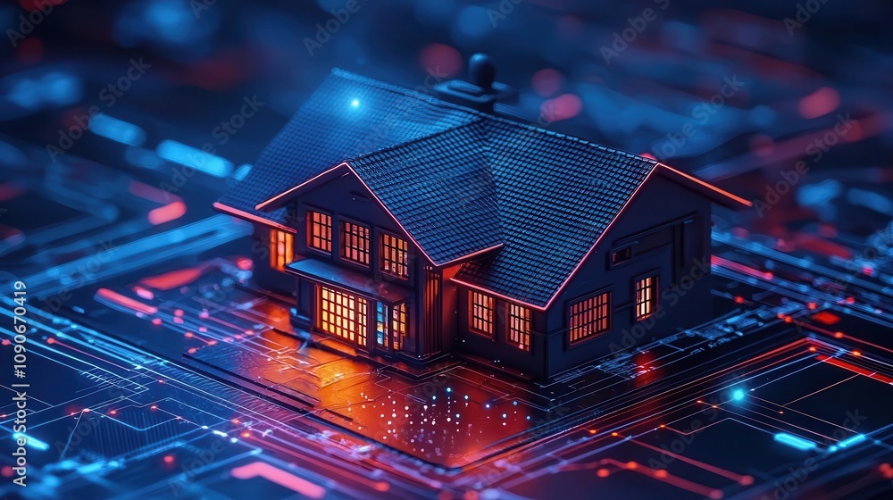 Poster smart home security system with alarm systems and 247 monitoring, shown with a protective color sche