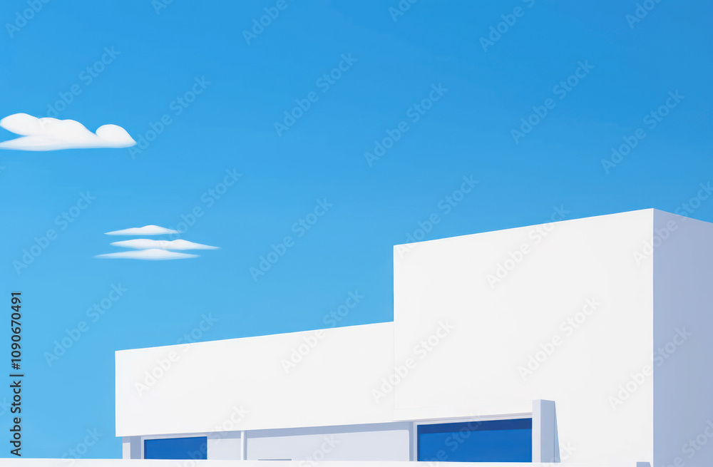Poster modern minimalist architecture with clean lines under a bright blue sky and whimsical clouds for a c
