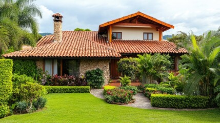 Fototapeta premium Charming rustic house surrounded by lush greenery and colorful flowers, featuring a tiled roof, stone walls, and well-manicured garden in a peaceful outdoor setting
