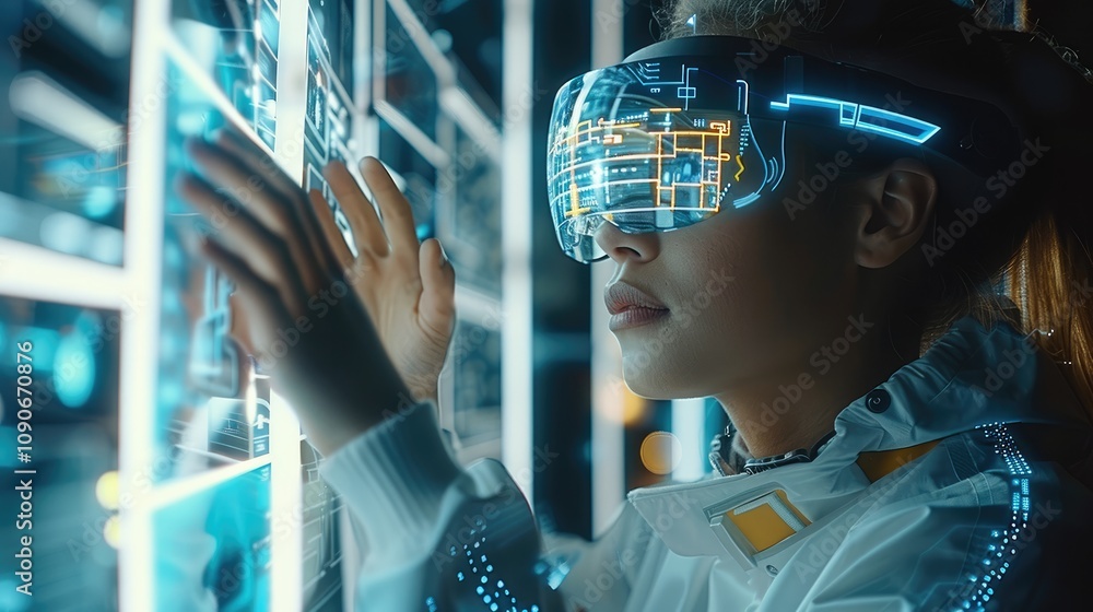 Aufkleber A young woman wearing VR glasses is interacting with holographic data on the screen, while his hands hold futuristic digital tools and digital patterns floating in front of her.