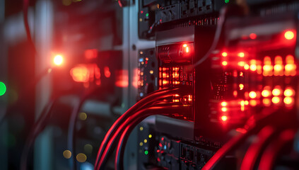 Close-up of an industrial server glowing in dark data center