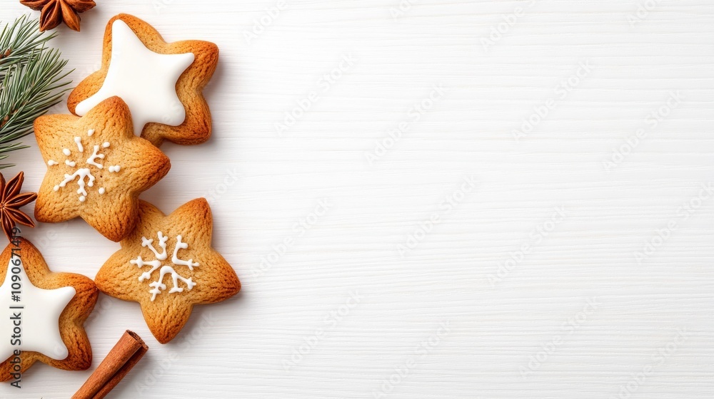 Poster a white background with a row of star shaped cookies and a cinnamon stick. the cookies are decorated