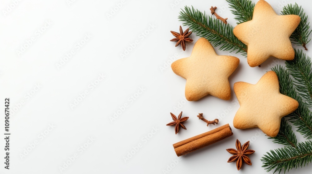 Poster a white background with a row of star shaped cookies and a cinnamon stick. the cookies are decorated