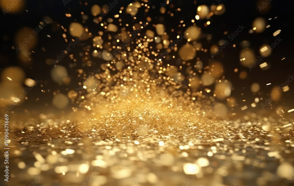 Poster shimmering gold particles creating a magical atmosphere with sparkles and bokeh effects on a dark ba