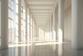 Fototapeta premium Bright and Spacious Modern Interior with Columns and Large Windows Creating a Serene Atmosphere Ideal for Architecture or Interior Design Projects