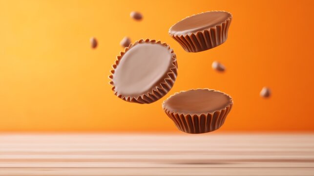 Three Reese's Peanut Butter Cups are flying through the air. The image has a playful and fun mood, as the cups seem to be in motion and are not stationary