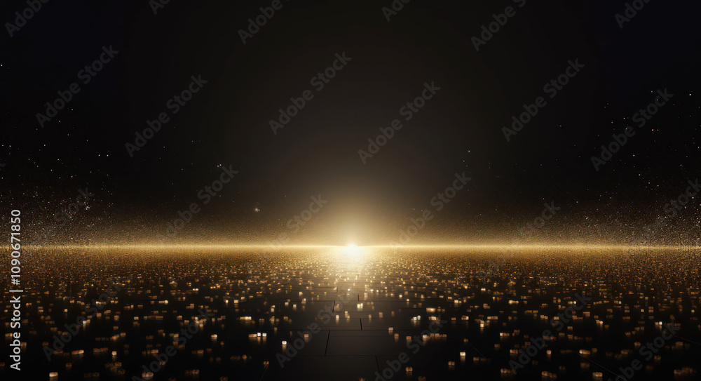 Poster ethereal golden horizon with sparkling dust and soft light creating a dreamlike atmosphere in a deep