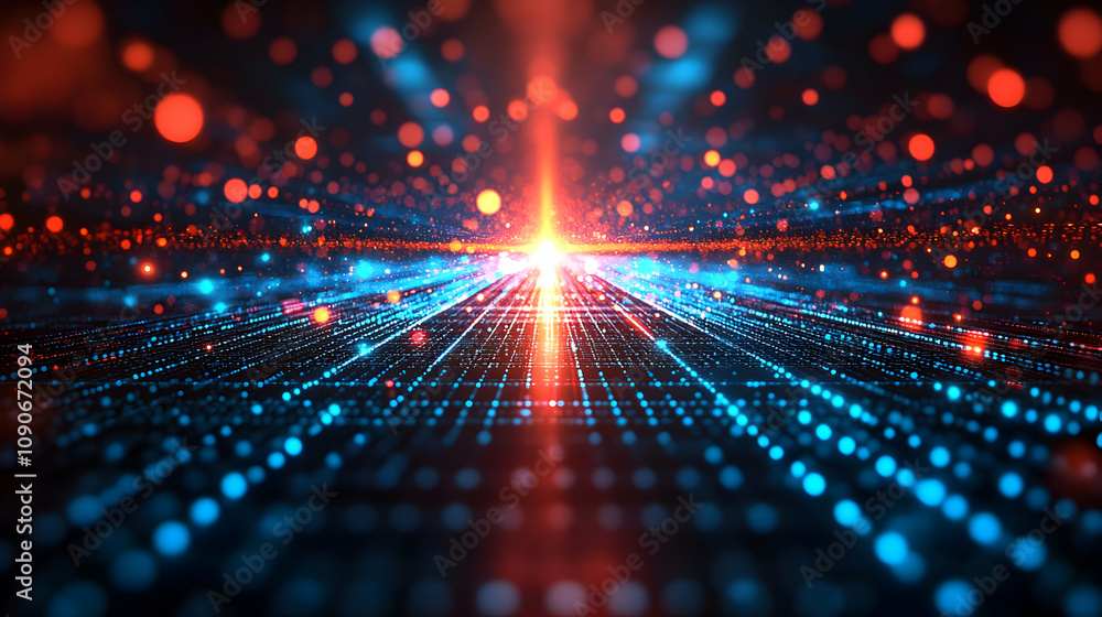 Poster abstract 3d digital grid with glowing blue and red particles background