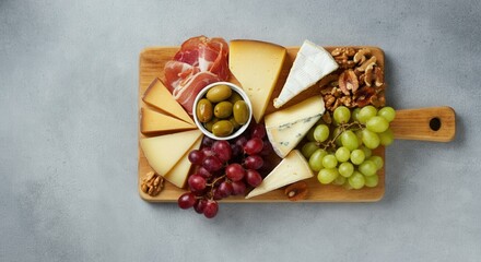 Gourmet cheese charcuterie board with fruits nuts