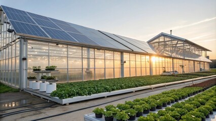 Obraz premium Solar panels gleam on the roof of a modern greenhouse supporting robotic planters inside.