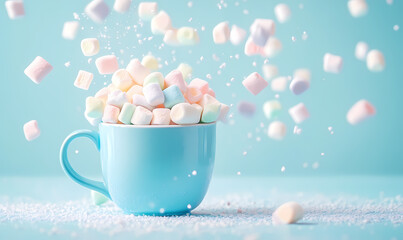 Pastel blue cup overflowing with colorful marshmallows on soft background