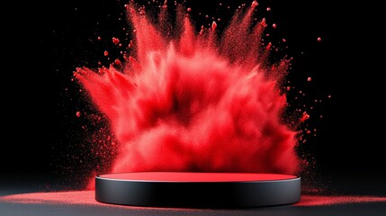 A red and white powder cloud is erupting from a black and red box. The box is a small, circular platform with a red base and a black top