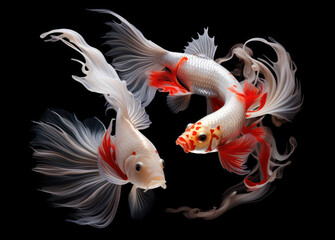 Fototapeta premium Goldfish Swimming Gracefully in Dark Background, Featuring Beautiful Flowing Fins and Brightly Colored Patterns, Ideal for Aquatic or Nature Themes