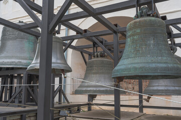 Veliky Novgorod, Russia - June 8, 2022. View of the bells of the St. Sophia Bell Tower on the territory of the Novgorod Kremlin. High quality photo