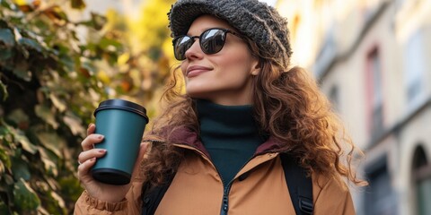 Stylish urban cyclist commuting with a reusable coffee cup, active and eco-friendly,