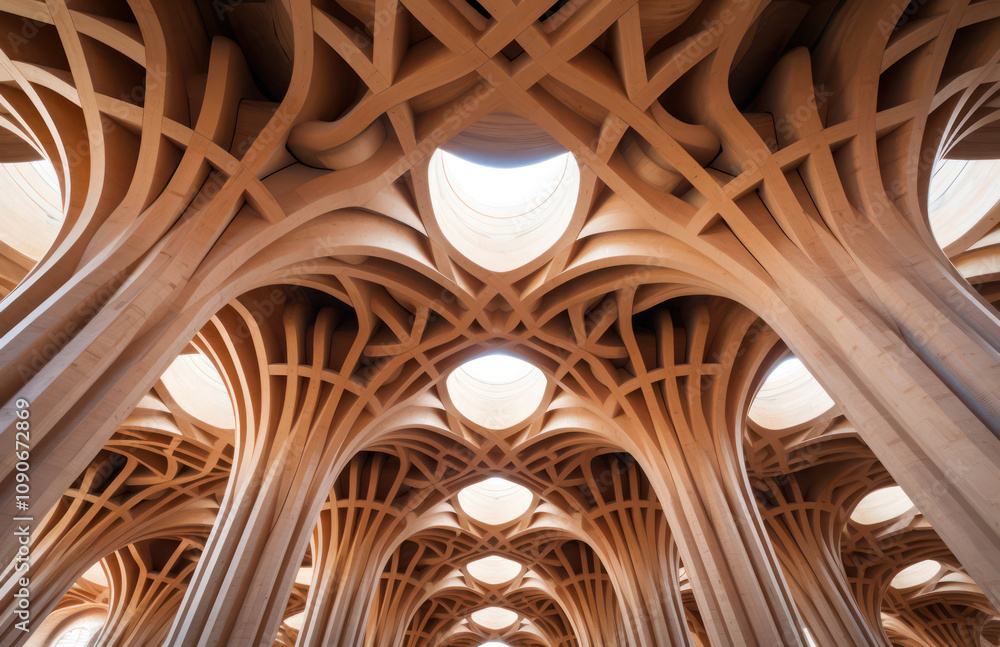 Poster wooden architecture with unique patterns featuring arched beams and natural light, showcasing a stun