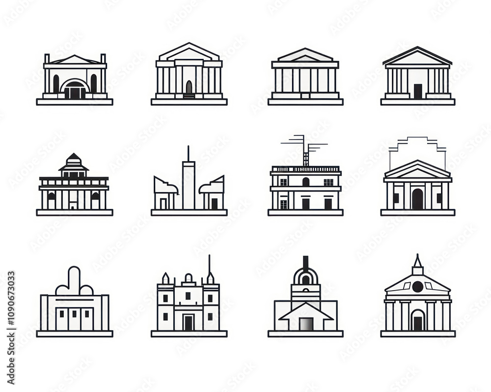 Aufkleber collection of stylized outline illustrations of various architectural buildings and structures featu