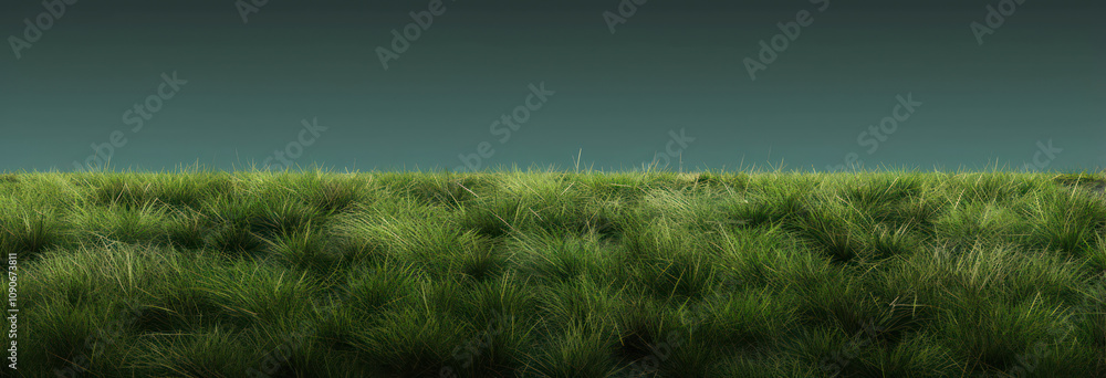 Poster lush green grass landscape with a smooth transition to a dark gradient sky for background use in nat