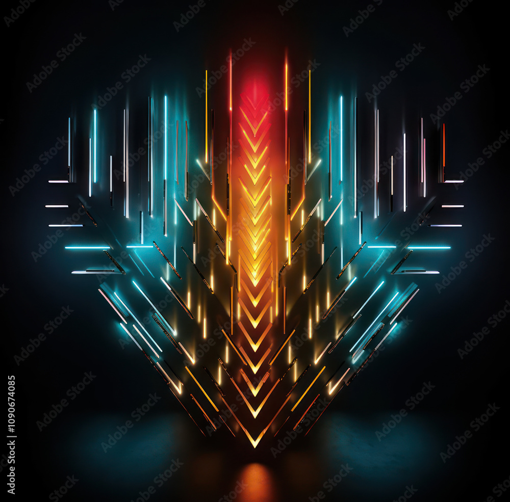 Aufkleber neon rays emanating from a central structure in dark background, creating a modern digital aesthetic