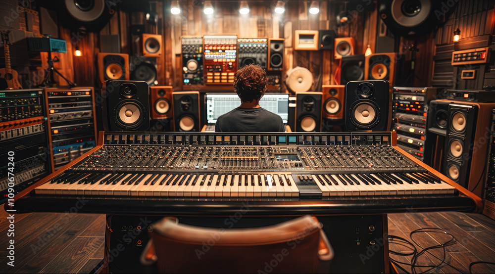 Fototapete a music studio where a man producer is adjusting the levels on an analog mixing console, remix the s