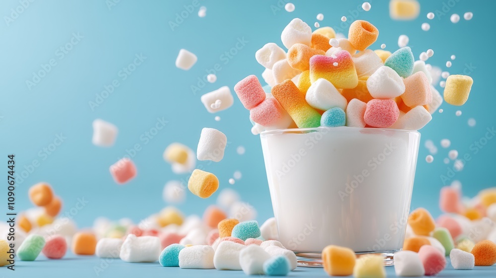 Poster a colorful bowl of marshmallows is scattered on a blue background. the marshmallows are in various c