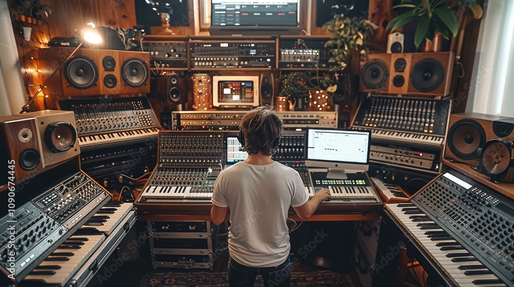 Fototapete a music studio where a man producer is adjusting the levels on an analog mixing console, remix the s