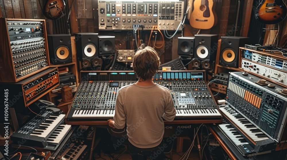 Leinwandbilder a music studio where a man producer is adjusting the levels on an analog mixing console, remix the s