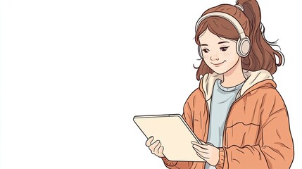 Young Girl Using Tablet While Listening to Music in Headphones, Enjoying Leisure Time with Technology, Isolated on White Background, Digital Lifestyle Concept