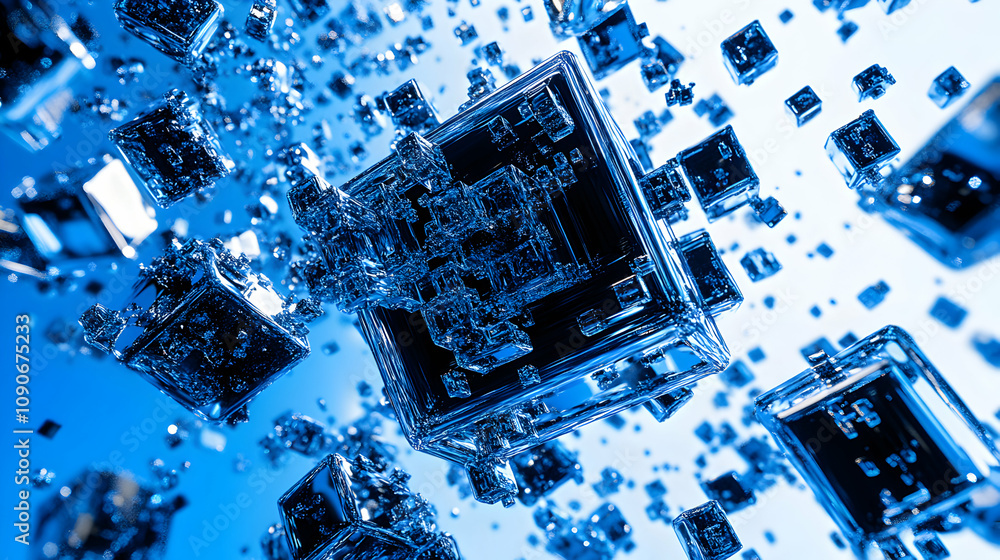 Poster abstract 3d illustration of floating blue cubes with a gradient background
