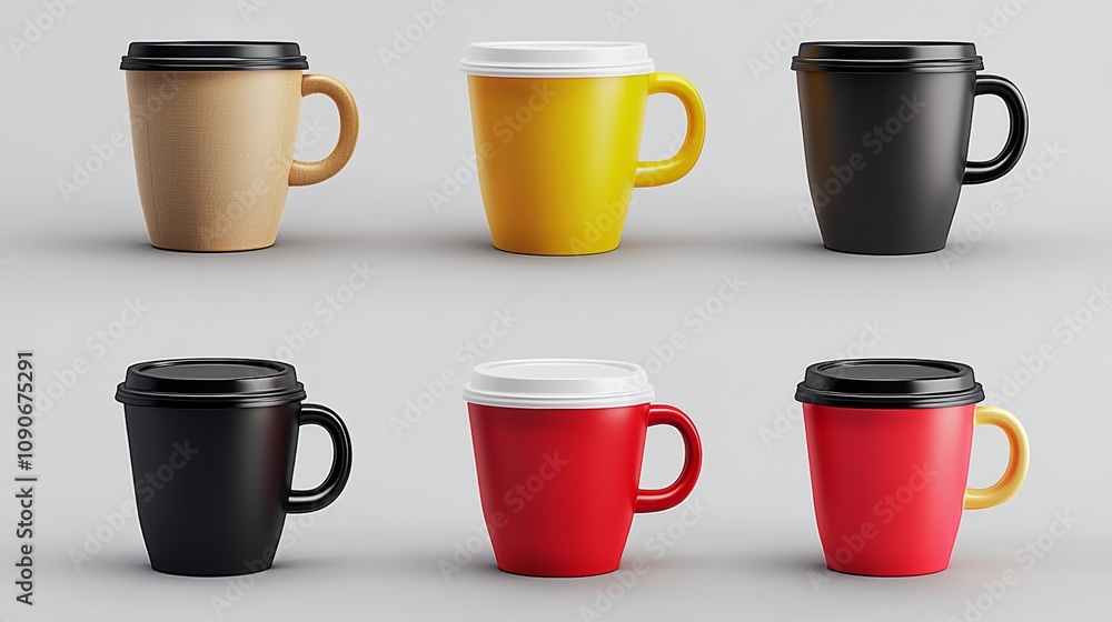 Poster set of six coffee cups with lids, each with a different color. the cups are arranged in a row on a g