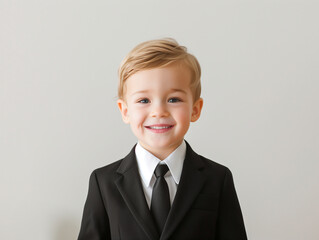 boy, portrait, suit, black, smile, child, young, curly, hair, professional, formal, adorable, cute, fashion, elegance, cheerful, playful, innocence, happy, confident, standing, stylish, tie, formalwea