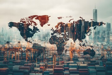 Fototapeta premium Abstract World Map Overlaying Urban Skyline and Shipping Containers, Symbolizing Global Trade and Connectivity in Modern Economy