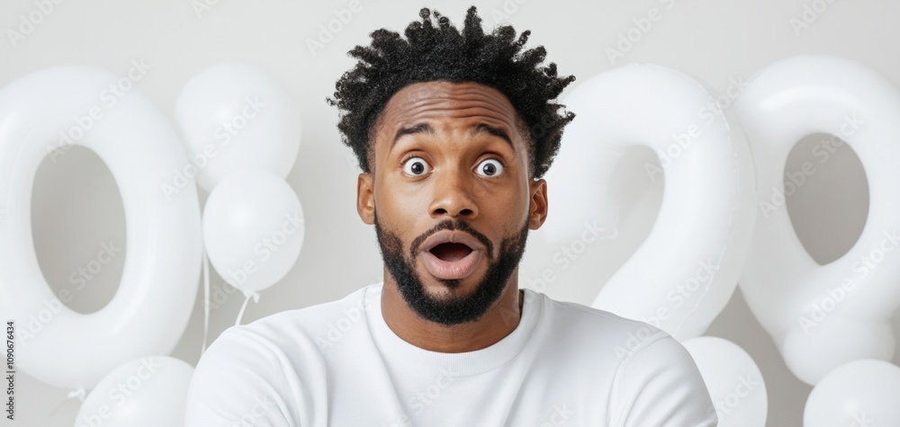 Poster a man with a beard and a surprised expression is standing in front of a wall of balloons. the balloo