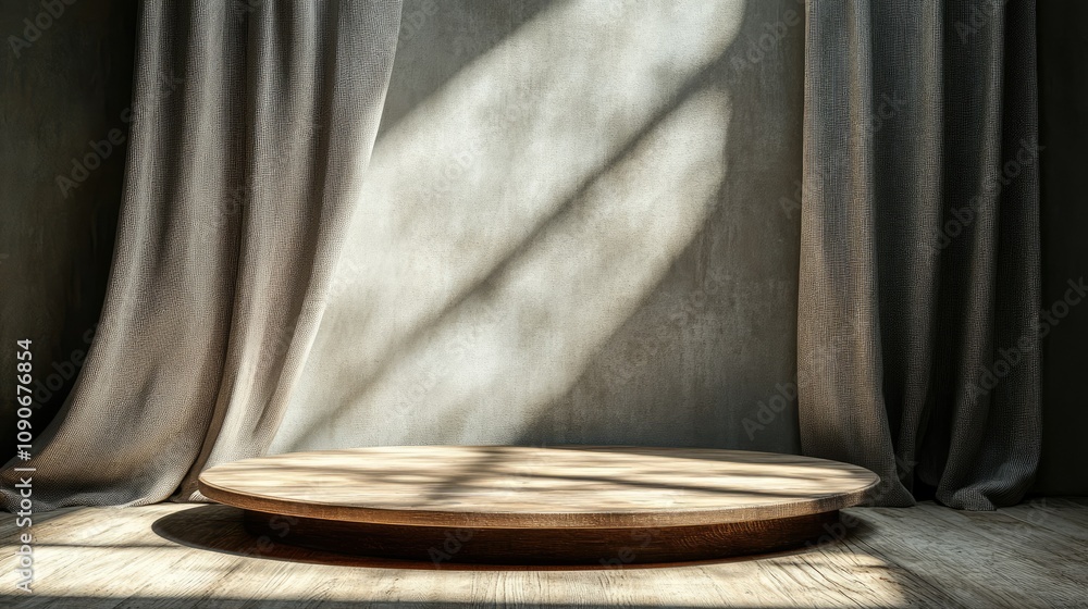 Poster elegant round wooden display platform surrounded by soft drapes casting beautiful shadows in a minim