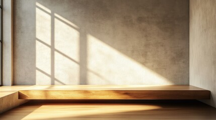 Fototapeta premium Bright Sunlight Streaming Through Windows on Concrete Wall and Wooden Floor in Modern Minimalist Interior Design Space, Inviting Calm and Serenity