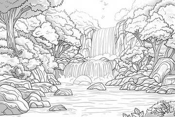 Naklejka premium A serene black and white illustration of a cascading waterfall surrounded by lush trees and rocky formations, inviting tranquility and creativity.