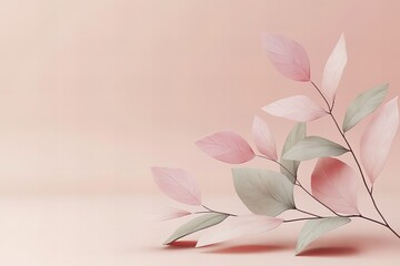 Elegant pastel leaves on minimalist pink background