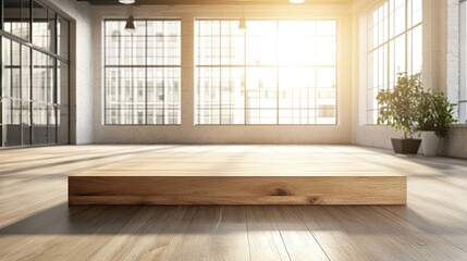 Obraz premium Contemporary Sunlit Interior Space with Wooden Platform on a Sleek Floor Surrounded by Large Windows and Minimalist Decor for Modern Design Projects