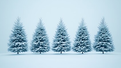 Fototapeta premium Minimalistic row of five snow-covered Christmas trees on a light blue background, perfect for New Year’s Day and holiday season themes, flat lay with copy space.