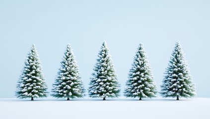 Obraz premium Minimalistic row of five snow-covered Christmas trees on a light blue background, perfect for New Year’s Day and holiday season themes, flat lay with copy space.