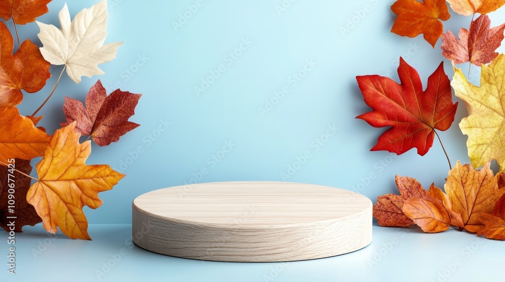 Poster a wooden round table with autumn leaves surrounding it. the table is empty and the leaves are scatte
